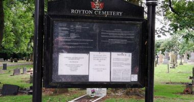 The unmarked resting place was discovered in Royton Cemetery (pictured) and contains the remains of 145 stillborn infants, 128 babies and young children and 29 adults