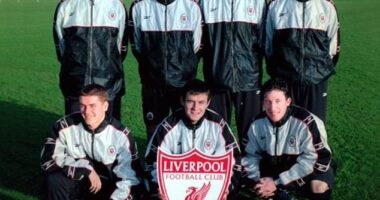 This framed picture of several Liverpool legends hangs at the club's training base in the areas frequented by academy stars (Top row L-R: Steve McManaman, Jamie Carragher, Dominic Matteo, Steven Gerrard. Bottom row L-R: Michael Owen, David Thompson, Robbie Fowler)
