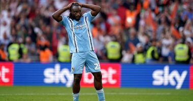 Fankaty Dabo can't believe it after watching his penalty attempt fly high and wide at Wembley