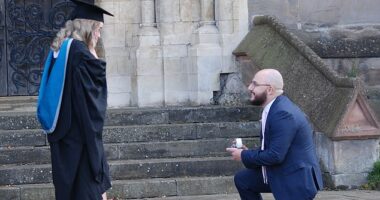 People have taken to X to berate a man for proposing to his girlfriend just moments before she was due to graduate from the University of Worcester (Pictured: The moment Jacob Thomas proposes to his girlfriend Erin Boddice at her graduation)