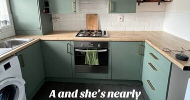 Ugne Litvinaite, 29, bought her two-bedroom house in Peterborough, Cambridgeshire, spent just £302 transforming her kitchen - and saved £4, 500 by doing the work herself