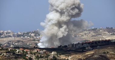 Smoke rises from Israeli shelling on villages in the Nabatiyeh district, seen from the southern town of Marjayoun