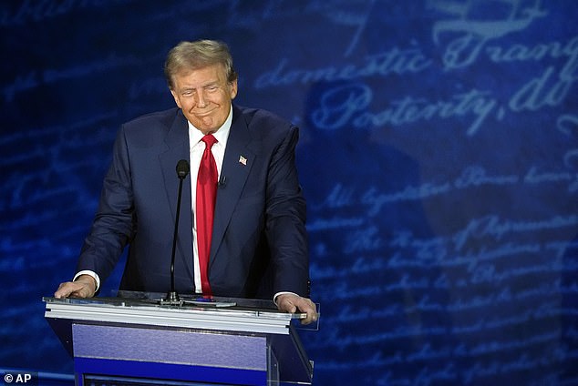 Donald Trump seemed pleased with himself after using Kamala Harris' viral line against her at their debate in Philadelphia, Pennsylvania on Tuesday, September 10