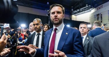 Republican vice presidential nominee JD Vance speaks to members of the media following the presidential debate between former US President Donald Trump and Vice President Kamala Harris in the debate's press file in Philadelphia, Pennsylvania
