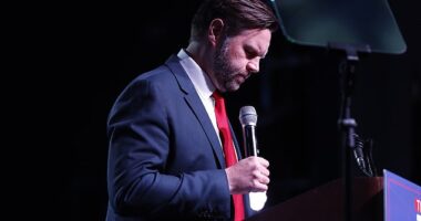 Republican vice presidential nominee Sen. JD Vance, R-Ohio, pauses for a moment of silence at a campaign event in Charlotte, N.C., Monday, Sept. 23, 2024. At the event he spoke about religious liberties and how Christianity is threatened in the U.S.