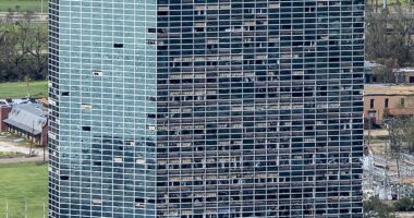 Hertz Tower was left heavily damaged after Hurricane Laura ripped through southwestern Louisiana on August 27, 2020. This aerial photo, taken after the storm, shows broken windows on the building
