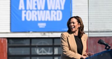 Kamala Harris campaigning in New Hampshire on September 4. Her website now includes an 'Issues' page with four sections focused on policy
