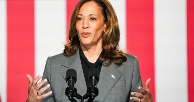 Vice President Kamala Harris speaking in Georgia on September 20 about reproductive freedom. Harris backs ending the Senate filibuster to pass legislation restoring protections in Roe