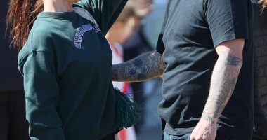 Kate Ritchie, 46, (left) was all smiles on Saturday as she reunited with ex-husband Stuart Webb, 43, (right) while they attended their daughter Mae's soccer game