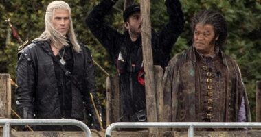 Laurence Fishburne, 63, (R) has been for the first time on the set of The Witcher as he filmed scenes with co-star Liam Hemsworth, 34 (L) in North Wales