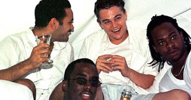 Leonardo DiCaprio (back center) and Diddy (front center) party with friends