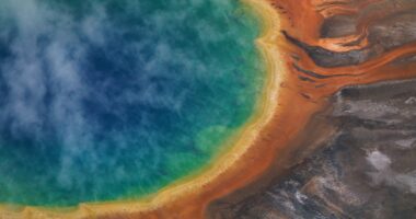 Prismatic hotspring pool from above in Yellowstone