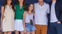 The Duchess of Sussex cut an elegant figure in £30,937 worth of clothes and jewellery at the George Zajfen Tennis Tournament in Los Angeles on Saturday (pictured from L to R: Meghan Markle, Kelly McKee Zajfen, her daughter Lily, her husband Julian and Prince Harry)