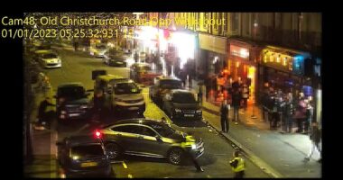 A motorist has been jailed after he mounted the pavement and collided with two officers as he attempted to make off from police in Bournemouth town centre