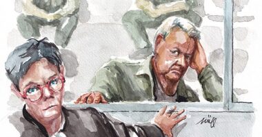In a courtroom sketch, Mr Pélicot appears at the courthouse in Avignon on September 11