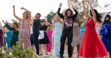 Meghann Fahy as Merritt Monaco, Liev Schreiber as Tag Winbury, Irina Dubova as Gosia, Nicole Kidman as Greer Winbury, Director / Executive Producer Susanne Bier, Eve Hewson as Amelia Sacks, Isabelle Adjani as Isabel Nallet in episode 105 of The Perfect Couple