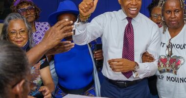 New York City Eric Adams visits the ARC A. Philip Randolph Older Adult Center the same day he pleaded not guilty to five federal corruption charges