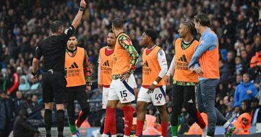 Arsenal youngster Myles Lewis-Skelly was shown a yellow card against Manchester City