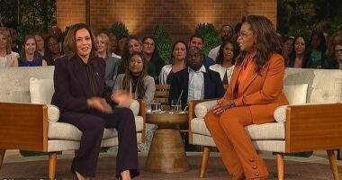 Oprah Winfrey (right) packed her Thursday night event with Vice President Kamala Harris (left) with Hollywood stars joining the conversation over Zoom