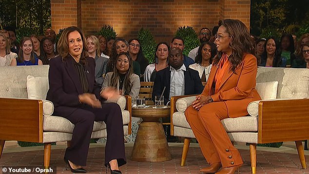 Oprah Winfrey (right) packed her Thursday night event with Vice President Kamala Harris (left) with Hollywood stars joining the conversation over Zoom