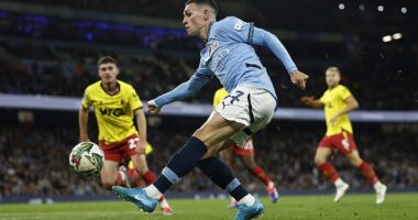 Phil Foden (centre) pictured in action for Man City during Tuesday night's 2-1 win over Watford
