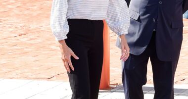 Pictured: Queen Letizia seen arriving at the Maestra Placida Herranz school in the city of Guadalajara