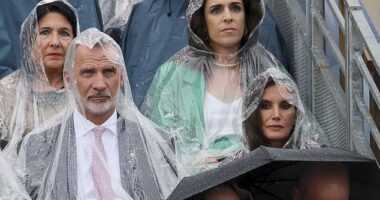 A very miserable looking King Felipe and Queen Letiza of Spain at the opening ceremony of the Paris Olympics in July
