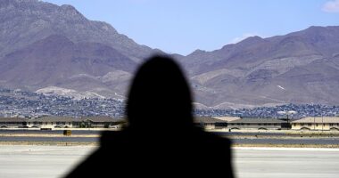 Vice President Kamala Harris stands far from the U.S.-Mexico border, June 25, 2021, at the airport after her tour of the U.S. Customs and Border Protection Processing Center in El Paso, Texas. She is reportedly planning to visit the border for her second time as VP this week