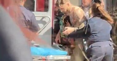 As seen in a video shared on X by KTVU's Zak Sos, the wounded Pearsall was led by emergency responders to a waiting ambulance, where he was placed on a stretcher