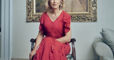 Samantha Kane - also known as Lady Carbisdale - sits in front of a portrait of Mary Caroline, Duchess of Sutherland, for whom her stately castle home was built