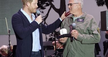 Prince Harry honors a Santa Barbara helicopter pilot at Kevin Costner's One805Live! event