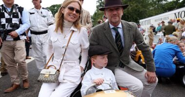 Geri Halliwell and Christian Horner with their son Monty Horner as he prepares to race in the Settrington Cup