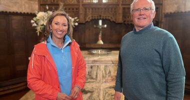 During the broadcast, presenter Claire McCollum (left) meets Crathie's minister and chaplain to the monarch, Reverend Ken MacKenzie (right)