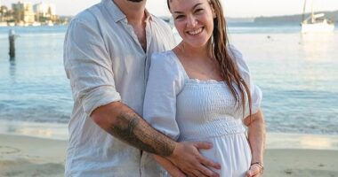 Sophie Delezio welcomed her first child with her fiancé Joseph Salerno on Friday. Both pictured