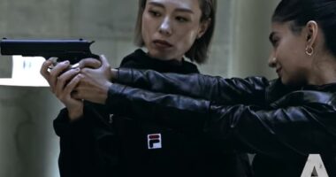 Sharp shooter Kim Yeji, left, pictured with her co-star in short film, Indian actress Anushka Sen