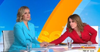 Edwina Bartholomew, 41, has revealed she has been diagnosed with cancer in a tearful on-air admission during Friday's Sunrise. Pictured left with co-star Natalie Barr