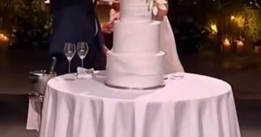 Princess Theodora of Greece and her LA-based lawyer husband Matthew Kumar (pictured) appeared overjoyed as they concluded their marriage by slicing into their wedding cake yesterday