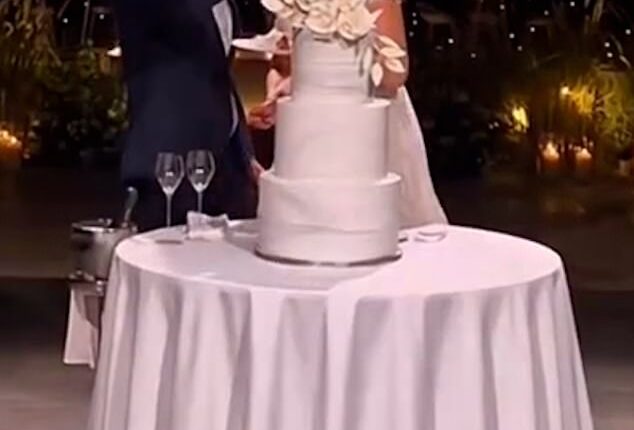Princess Theodora of Greece and her LA-based lawyer husband Matthew Kumar (pictured) appeared overjoyed as they concluded their marriage by slicing into their wedding cake yesterday