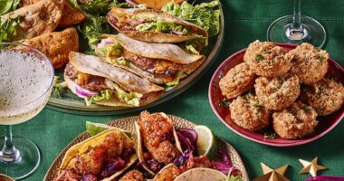 Tesco's Christmas range for 2024 includes Baja Fish Tacos with Yuzu Cabbage Slaw and Tomato, Pineapple & Chilli Salsa (bottom, centre), priced at £5.50