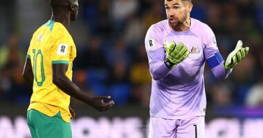 Awer Mabil and captain Mat Ryan have words on the pitch during the disastrous FIFA World Cup qualification match against Bahrain