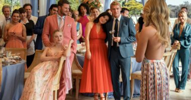 The Perfect Couple. (L to R) Dakota Fanning as Abby Winbury, Jack Reynor as Thomas Winbury, Eve Hewson as Amelia Sacks, Billy Howle as Benji Winbury, Meghann Fahy as Merritt Monaco in episode 101 of The Perfect Couple.