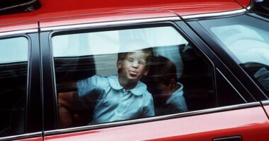 Prince Harry, aged nearly four sticks his tongue out at photographers after being taken to see his newborn cousin, Princess Beatrice, 1988