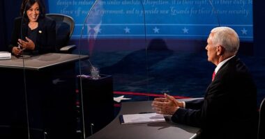 Democratic vice presidential nominee Senator Kamala Harris (L) and US Vice President Mike Pence (R) during the vice presidential debate