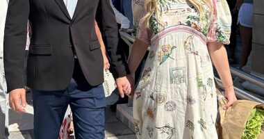 Princess Theodora of Greece beamed as she and her fiancé Matthew Kumar left the Metropolitan Cathedral in Athens, with preparations in the works ahead of tomorrow's nuptials