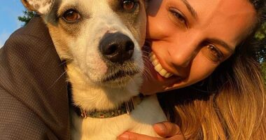 A top banker won a £10,000 court payout after his family's pet terrier broke his leg while being schooled for 'anxiety' by specialist dog trainers. Her Sirius is pictured with one of his owners, Belma sazak
