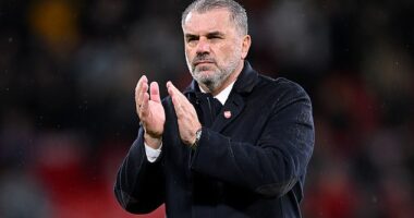 Tottenham boss Ange Postecoglou pictured applauding after his team beat Man United 3-0