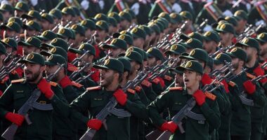 Iranian Revolutionary Guard Corps (IRGC) soldiers march in formation during the annual military parade marking the Iraqi invasion in 1980, which led to an eight-year-long war (1980-1988); in Tehran, Iran, 21 September 2024