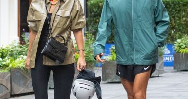 Vogue Williams looked stylish as she left Global Radio studios on Tuesday with husband Spencer Matthews