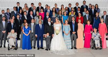 Princess Theodora Of Greece and fiancé Matthew Kumar tied the knot in a lavish celebration on Saturday, pictured in their official wedding photo