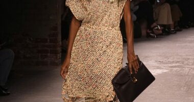 The models were seen strutting their stuff today in the bizarre headgear during the Bottega Veneta collection show for Womenswear Spring/Summer 2025